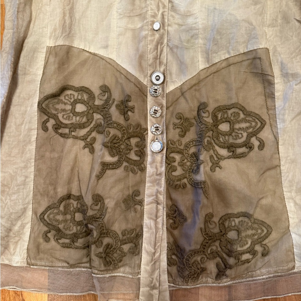 Tango‎ Mango women's tunic top lace embroidered khaki color large 100%cotton - Picture 2 of 6